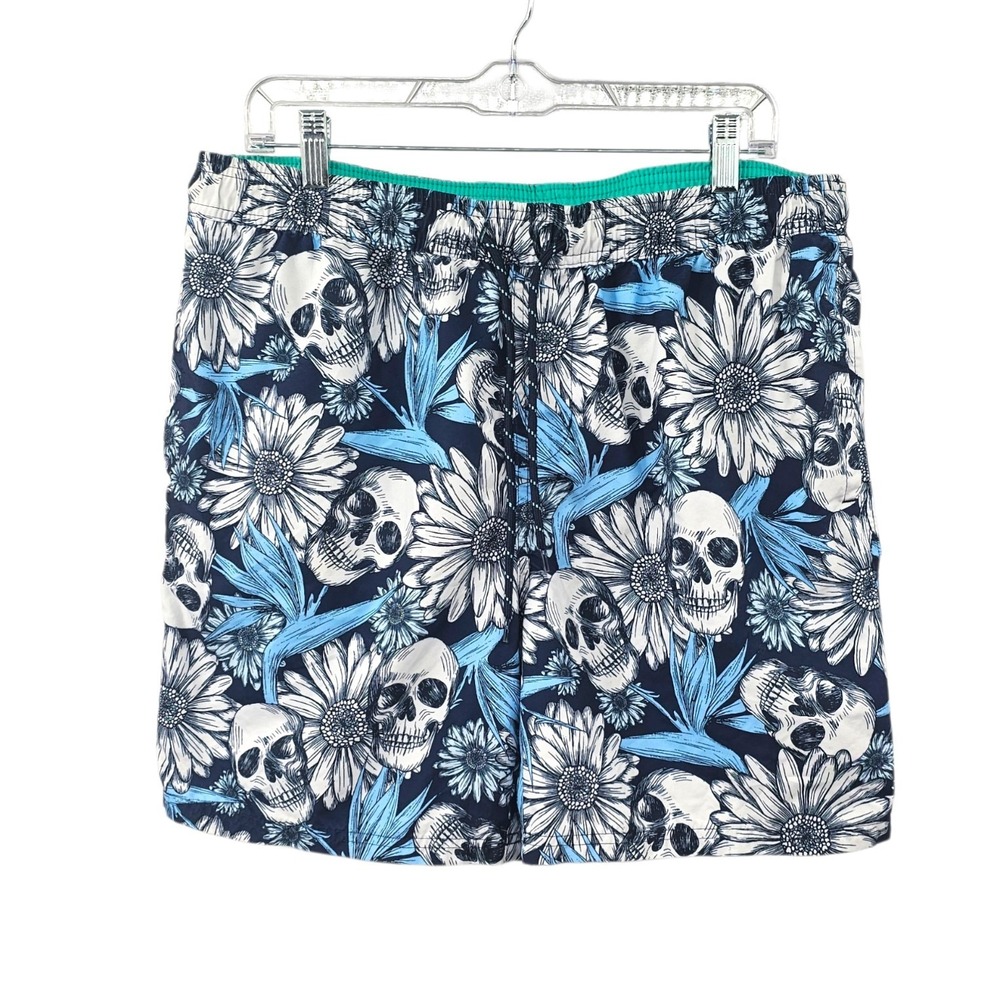 No Boundaries Men's Large Skull and Floral  Print Quick-Dry Swim Trunks